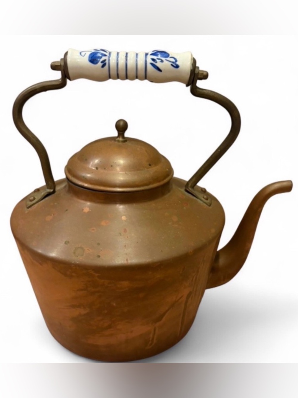 Vintage Copper Brass Ceramic Teapot Teakettle Farmhouse Country Kitchen Portugal